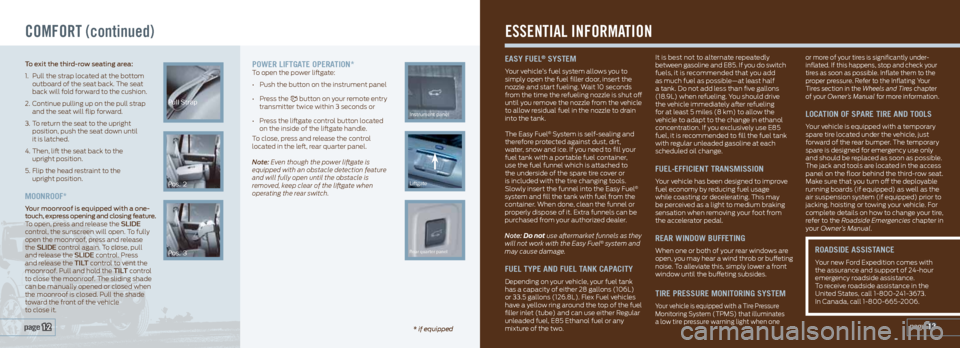 FORD EXPEDITION 2013 3.G Quick Reference Guide COMFORT (continued) 
Pull Strap
Pos. 2
Pos. 3
Instrument panel
Liftgate 
Rear quarter panel
Power LifTgaTe oPeraTion*To open the power liftgate: 
• Push the button on the instrument panel 
•  Pres