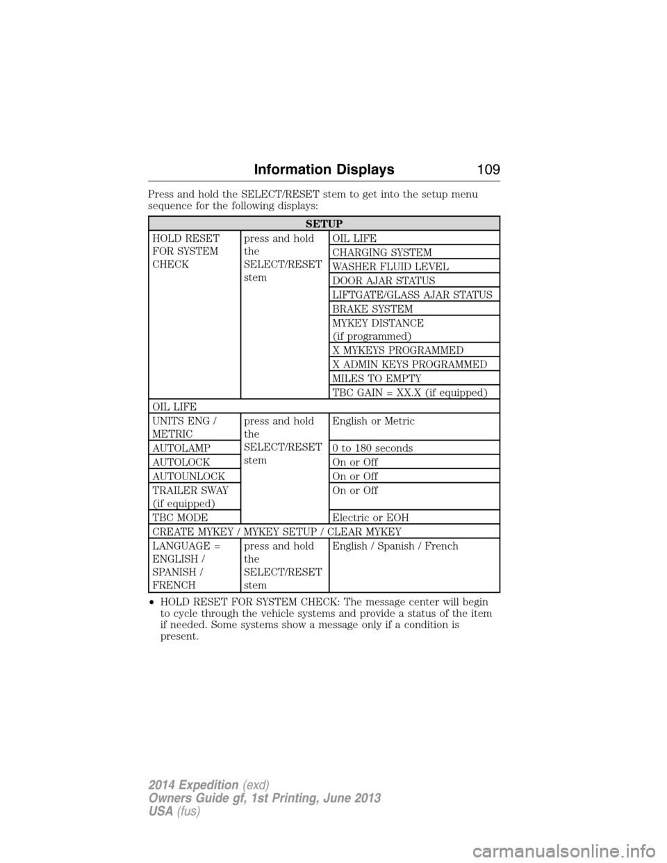 FORD EXPEDITION 2014 3.G Owners Manual Press and hold the SELECT/RESET stem to get into the setup menu
sequence for the following displays:
SETUP
HOLD RESET
FOR SYSTEM
CHECKpress and hold
the
SELECT/RESET
stemOIL LIFE
CHARGING SYSTEM
WASHE