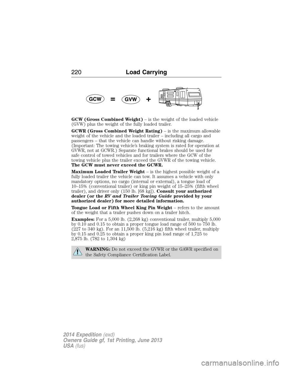 FORD EXPEDITION 2014 3.G Owners Manual GCW (Gross Combined Weight)– is the weight of the loaded vehicle
(GVW) plus the weight of the fully loaded trailer.
GCWR (Gross Combined Weight Rating)– is the maximum allowable
weight of the vehi FORD EXPEDITION 2014 3.G Owners Manual GCW (Gross Combined Weight)– is the weight of the loaded vehicle
(GVW) plus the weight of the fully loaded trailer.
GCWR (Gross Combined Weight Rating)– is the maximum allowable
weight of the vehi