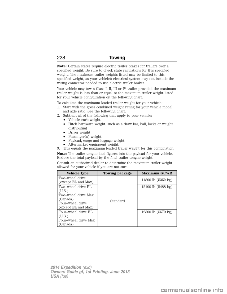 FORD EXPEDITION 2014 3.G Owners Manual Note:Certain states require electric trailer brakes for trailers over a
specified weight. Be sure to check state regulations for this specified
weight. The maximum trailer weights listed may be limite FORD EXPEDITION 2014 3.G Owners Manual Note:Certain states require electric trailer brakes for trailers over a
specified weight. Be sure to check state regulations for this specified
weight. The maximum trailer weights listed may be limite