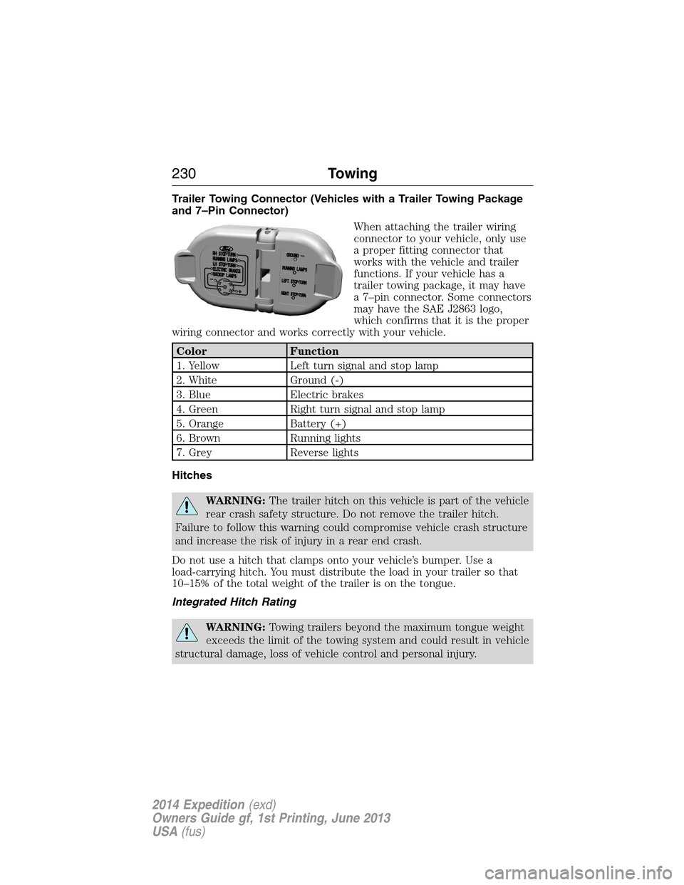 FORD EXPEDITION 2014 3.G Owners Manual Trailer Towing Connector (Vehicles with a Trailer Towing Package
and 7–Pin Connector)
When attaching the trailer wiring
connector to your vehicle, only use
a proper fitting connector that
works with