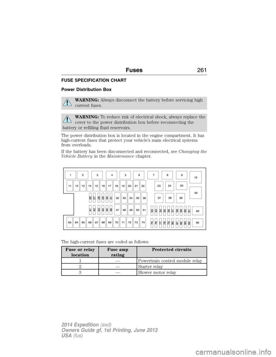 FORD EXPEDITION 2014 3.G Owners Manual FUSE SPECIFICATION CHART
Power Distribution Box
WARNING:Always disconnect the battery before servicing high
current fuses.
WARNING:To reduce risk of electrical shock, always replace the
cover to the p