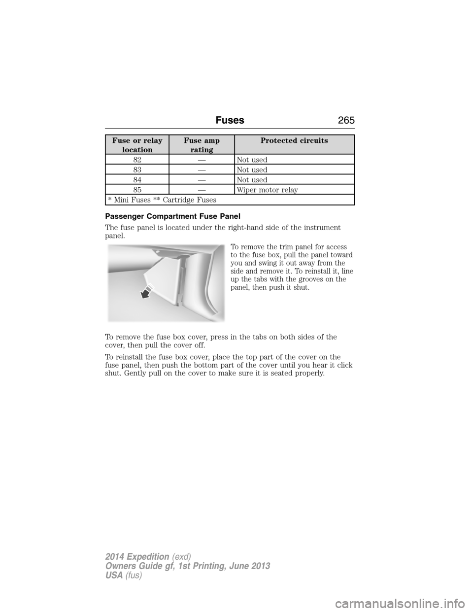 FORD EXPEDITION 2014 3.G Owners Manual Fuse or relay
locationFuse amp
ratingProtected circuits
82 — Not used
83 — Not used
84 — Not used
85 — Wiper motor relay
* Mini Fuses ** Cartridge Fuses
Passenger Compartment Fuse Panel
The fu