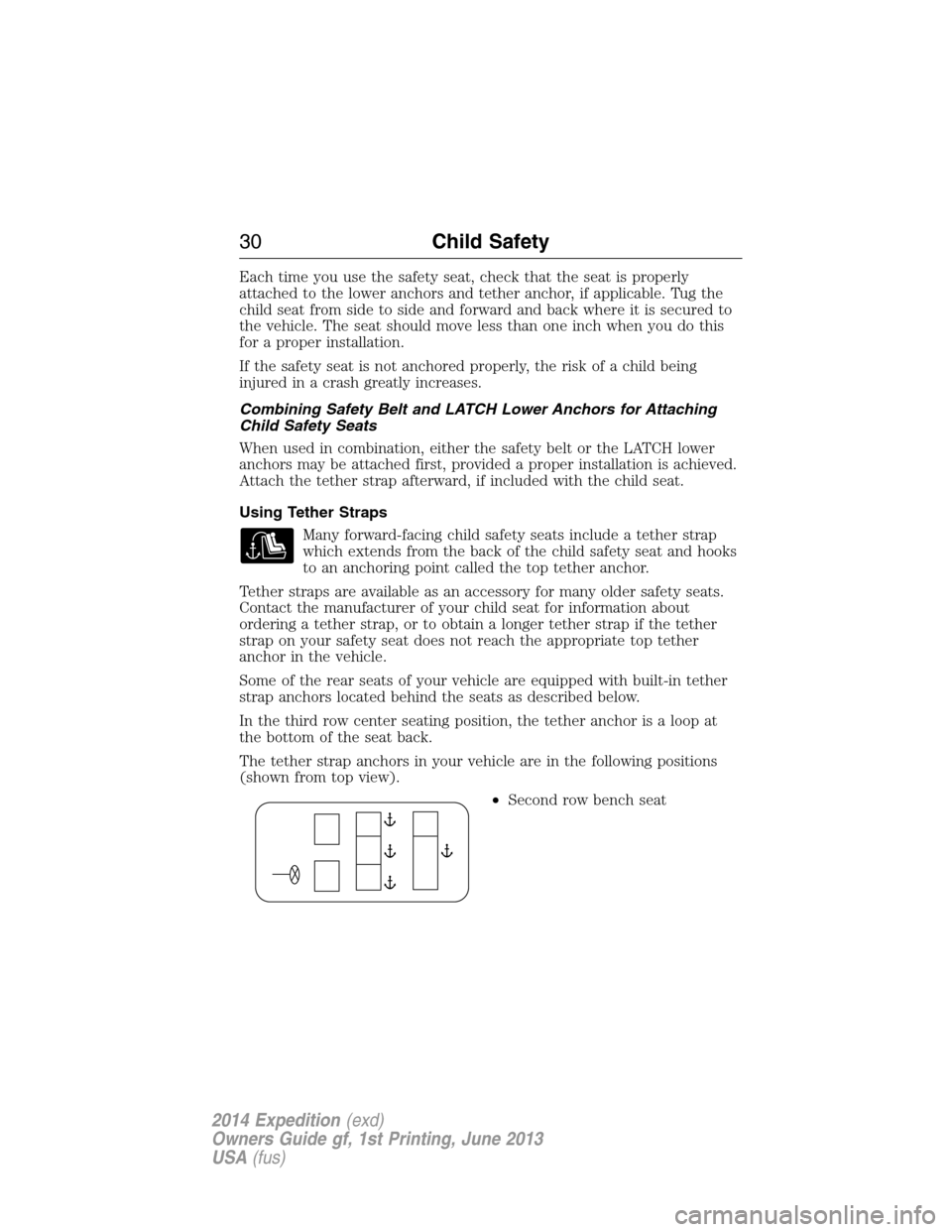 FORD EXPEDITION 2014 3.G Owners Guide Each time you use the safety seat, check that the seat is properly
attached to the lower anchors and tether anchor, if applicable. Tug the
child seat from side to side and forward and back where it is