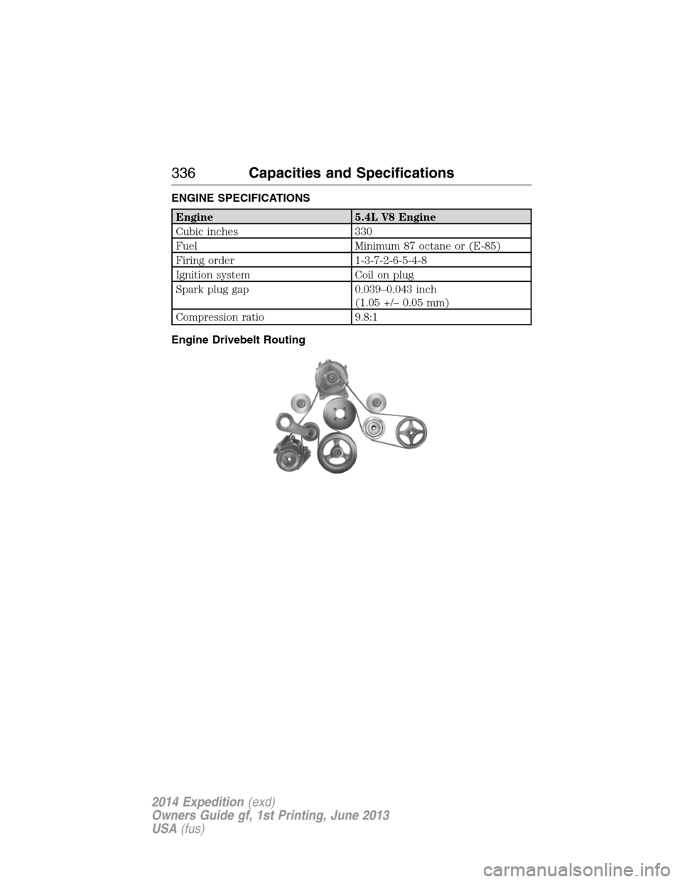 FORD EXPEDITION 2014 3.G Owners Manual ENGINE SPECIFICATIONS
Engine 5.4L V8 Engine
Cubic inches 330
Fuel Minimum 87 octane or (E-85)
Firing order 1-3-7-2-6-5-4-8
Ignition system Coil on plug
Spark plug gap 0.039–0.043 inch
(1.05 +/– 0.