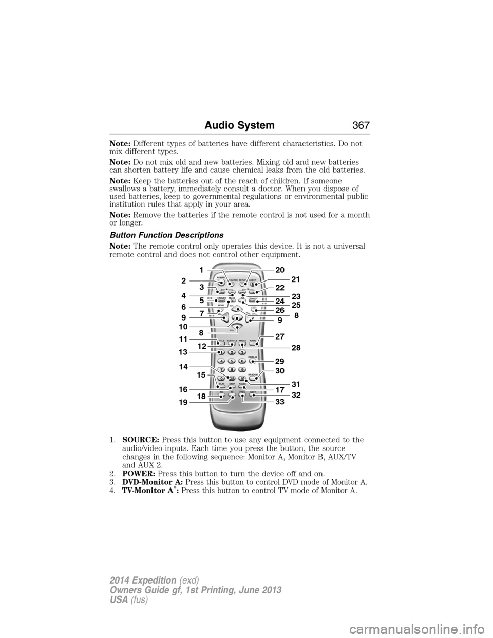 FORD EXPEDITION 2014 3.G Owners Manual Note:Different types of batteries have different characteristics. Do not
mix different types.
Note:Do not mix old and new batteries. Mixing old and new batteries
can shorten battery life and cause che FORD EXPEDITION 2014 3.G Owners Manual Note:Different types of batteries have different characteristics. Do not
mix different types.
Note:Do not mix old and new batteries. Mixing old and new batteries
can shorten battery life and cause che