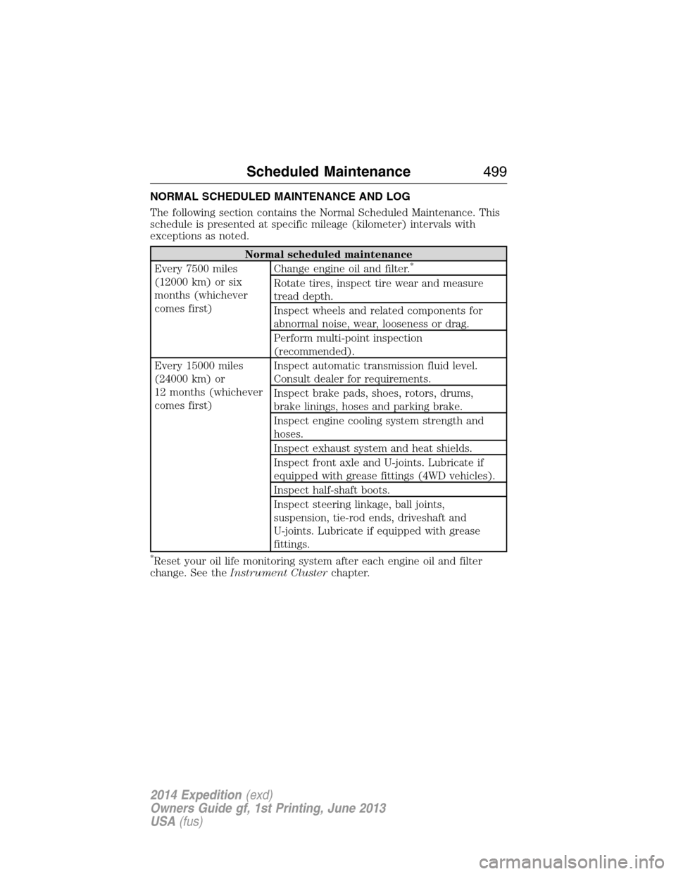 FORD EXPEDITION 2014 3.G Owners Manual NORMAL SCHEDULED MAINTENANCE AND LOG
The following section contains the Normal Scheduled Maintenance. This
schedule is presented at specific mileage (kilometer) intervals with
exceptions as noted.
Nor