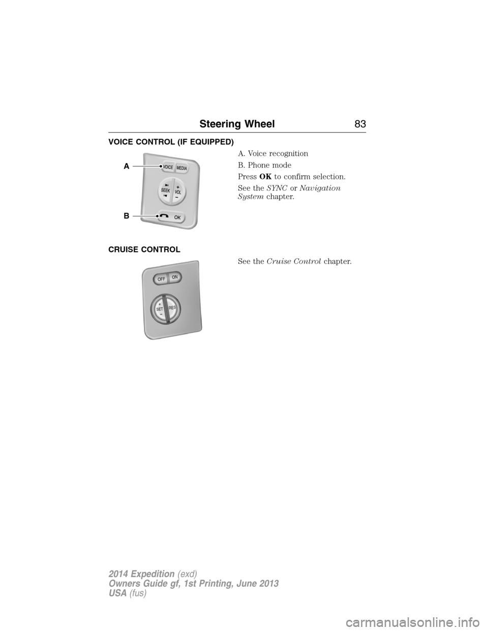 FORD EXPEDITION 2014 3.G Owners Manual VOICE CONTROL (IF EQUIPPED)
A. Voice recognition
B. Phone mode
PressOKto confirm selection.
See theSYNCorNavigation
Systemchapter.
CRUISE CONTROL
See theCruise Controlchapter.
B
A
+SETRES
O
F
FO
N
Ste