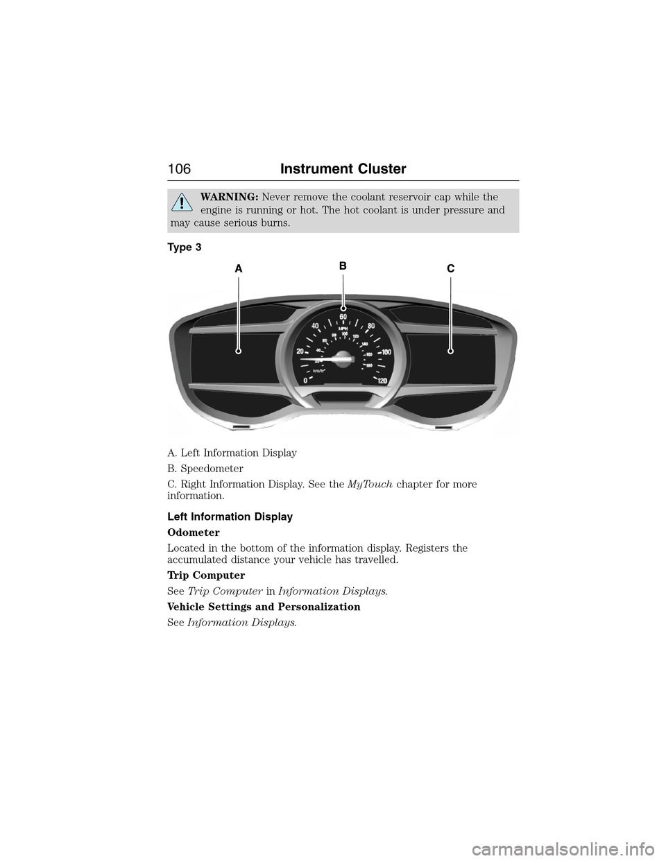 FORD EXPEDITION 2015 3.G Owners Manual WARNING:Never remove the coolant reservoir cap while the
engine is running or hot. The hot coolant is under pressure and
may cause serious burns.
Type 3
A. Left Information Display
B. Speedometer
C. R