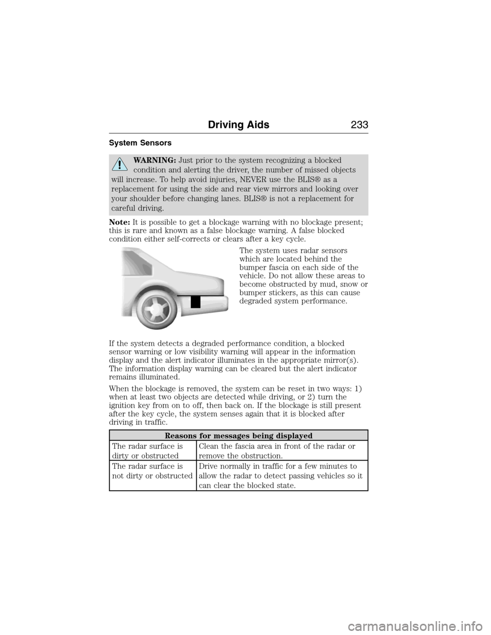 FORD EXPEDITION 2015 3.G Owners Manual System Sensors
WARNING:Just prior to the system recognizing a blocked
condition and alerting the driver, the number of missed objects
will increase. To help avoid injuries, NEVER use the BLIS® as a
r FORD EXPEDITION 2015 3.G Owners Manual System Sensors
WARNING:Just prior to the system recognizing a blocked
condition and alerting the driver, the number of missed objects
will increase. To help avoid injuries, NEVER use the BLIS® as a
r