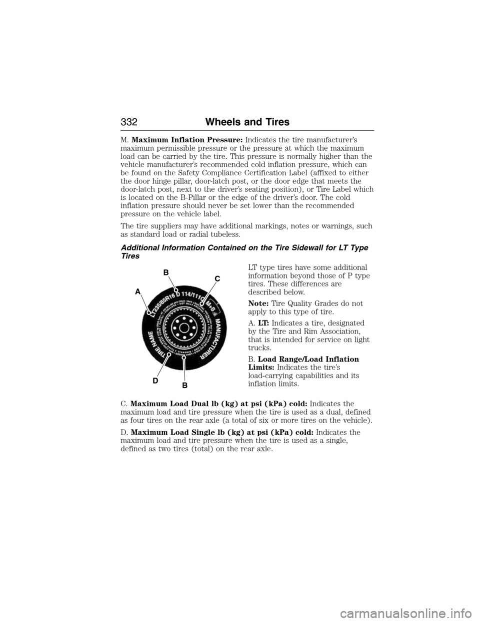 FORD EXPEDITION 2015 3.G Owners Manual M.Maximum Inflation Pressure:Indicates the tire manufacturer’s
maximum permissible pressure or the pressure at which the maximum
load can be carried by the tire. This pressure is normally higher tha