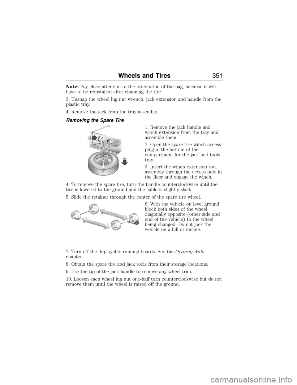 FORD EXPEDITION 2015 3.G Owners Manual Note:Pay close attention to the orientation of the bag, because it will
have to be reinstalled after changing the tire.
3. Unsnap the wheel lug nut wrench, jack extension and handle from the
plastic t