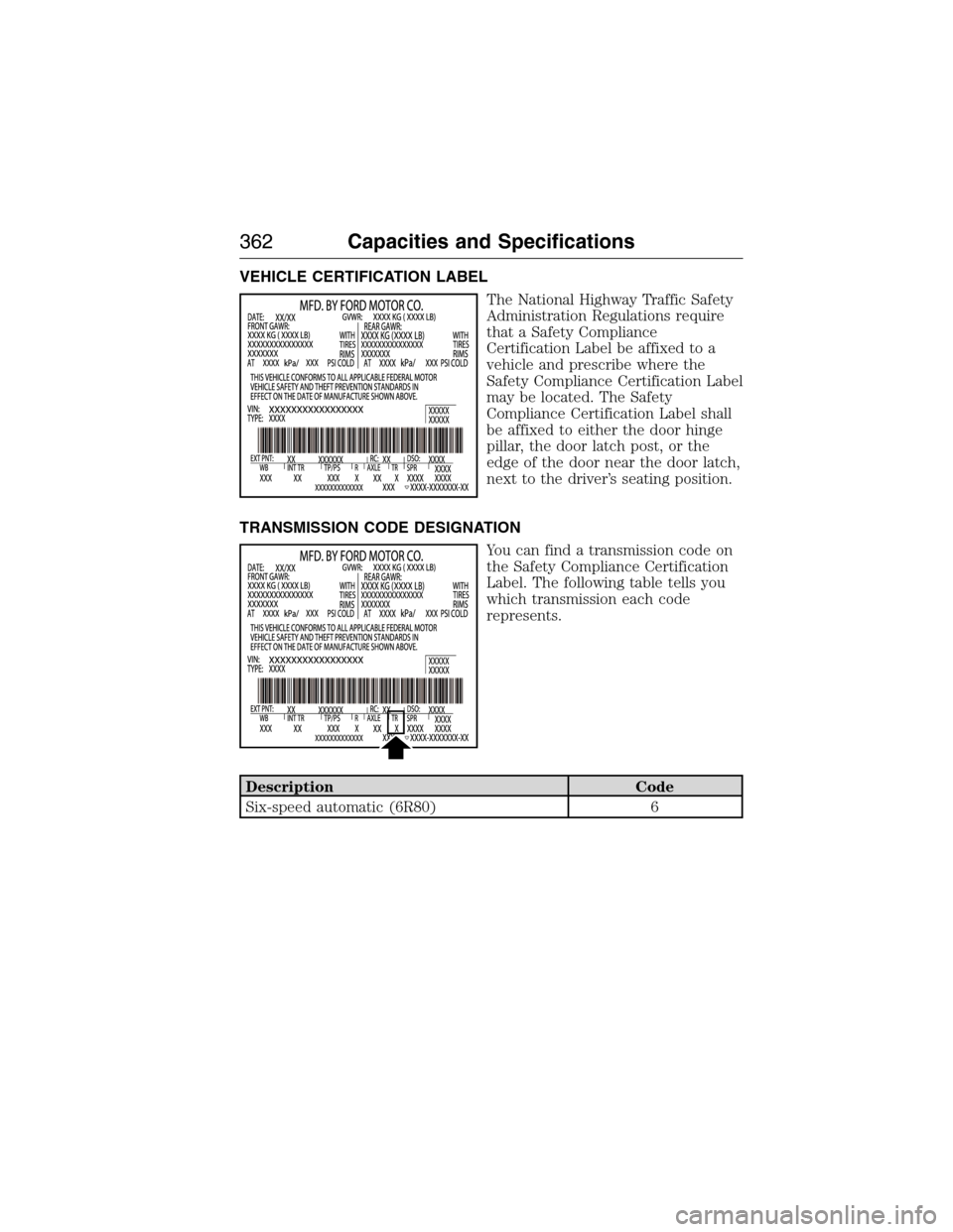 FORD EXPEDITION 2015 3.G Owners Manual VEHICLE CERTIFICATION LABEL
The National Highway Traffic Safety
Administration Regulations require
that a Safety Compliance
Certification Label be affixed to a
vehicle and prescribe where the
Safety C