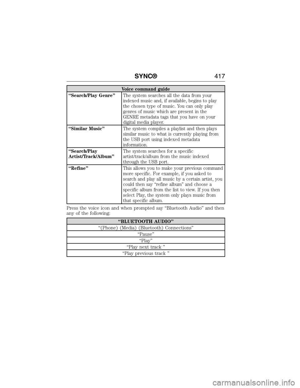 FORD EXPEDITION 2015 3.G Owners Manual Voice command guide
“Search/Play Genre”The system searches all the data from your
indexed music and, if available, begins to play
the chosen type of music. You can only play
genres of music which 