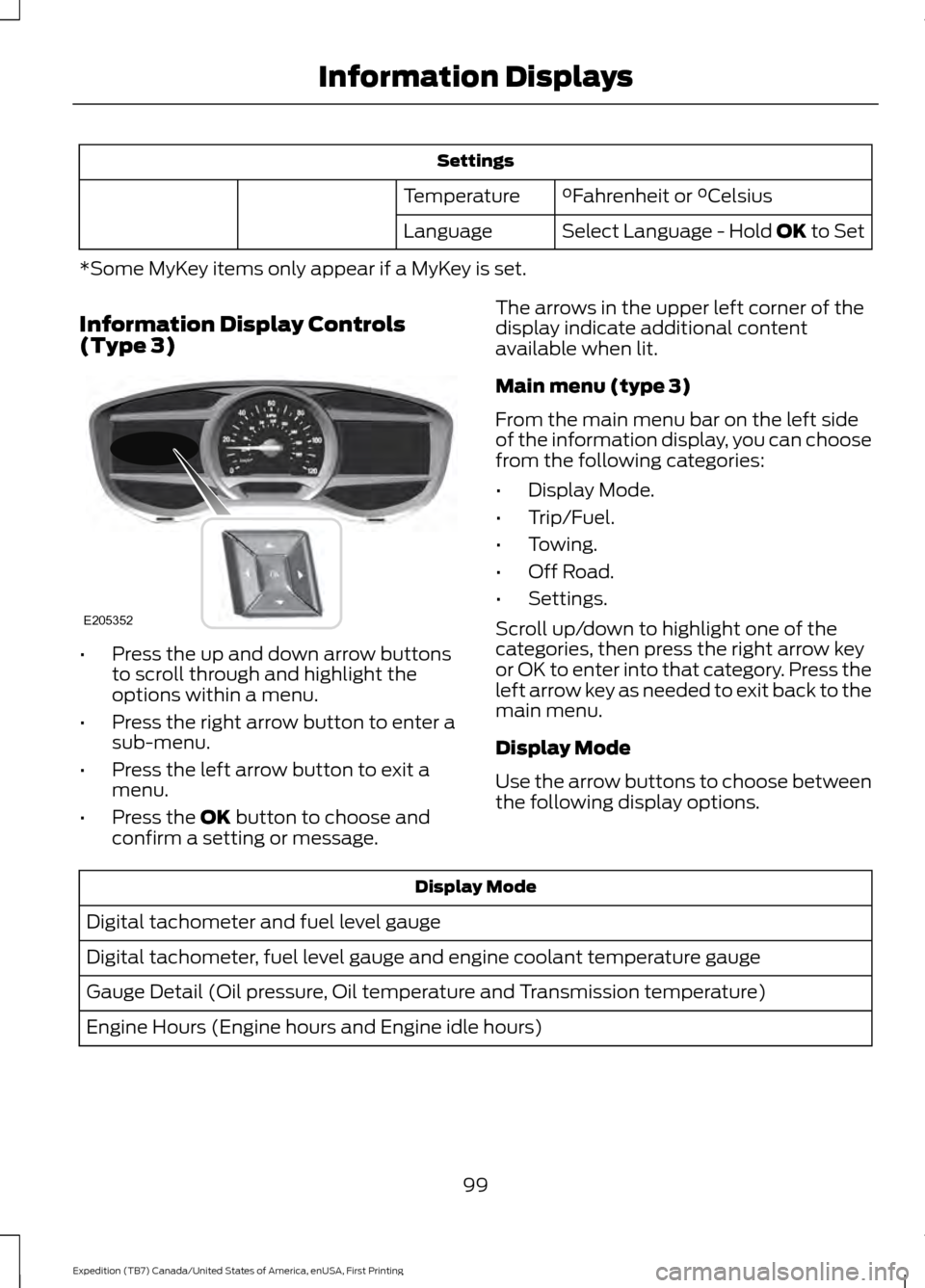 FORD EXPEDITION 2016 3.G Owners Manual Settings
°Fahrenheit or °Celsius
Temperature
Select Language - Hold OK to Set
Language
*Some MyKey items only appear if a MyKey is set.
Information Display Controls
(Type 3) •
Press the up and dow FORD EXPEDITION 2016 3.G Owners Manual Settings
°Fahrenheit or °Celsius
Temperature
Select Language - Hold OK to Set
Language
*Some MyKey items only appear if a MyKey is set.
Information Display Controls
(Type 3) •
Press the up and dow