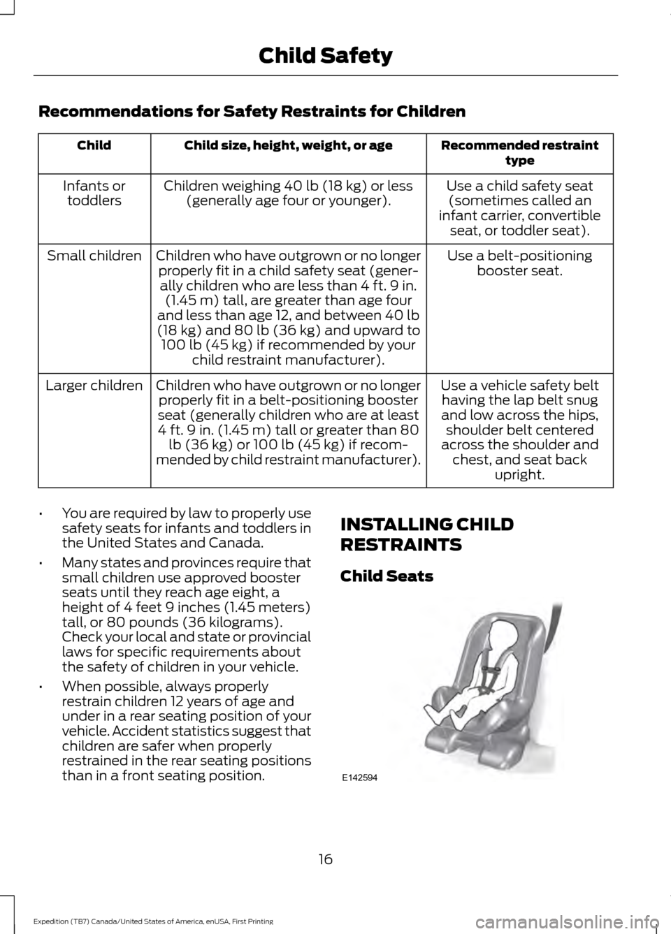 FORD EXPEDITION 2016 3.G Owners Manual Recommendations for Safety Restraints for Children
Recommended restraint
type
Child size, height, weight, or age
Child
Use a child safety seat(sometimes called an
infant carrier, convertible seat, or 