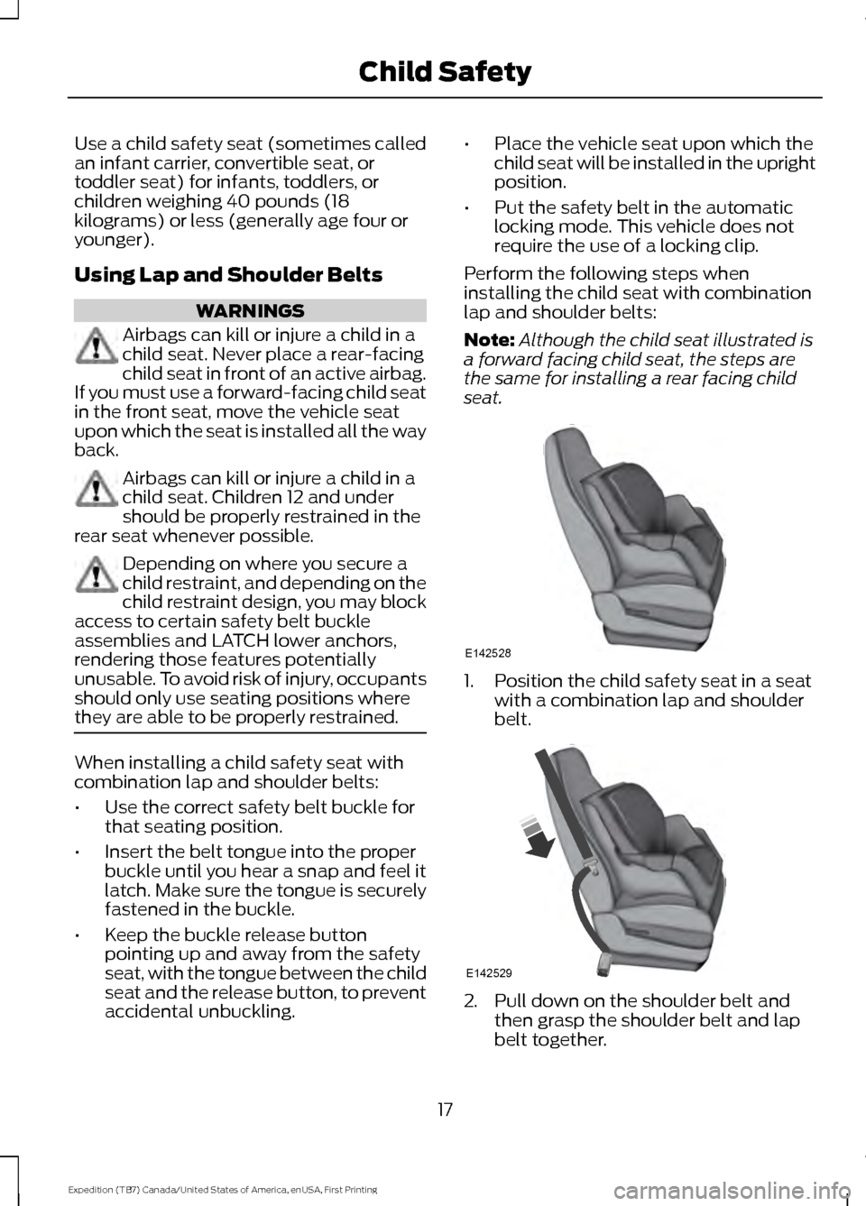 FORD EXPEDITION 2016 3.G Owners Manual Use a child safety seat (sometimes called
an infant carrier, convertible seat, or
toddler seat) for infants, toddlers, or
children weighing 40 pounds (18
kilograms) or less (generally age four or
youn