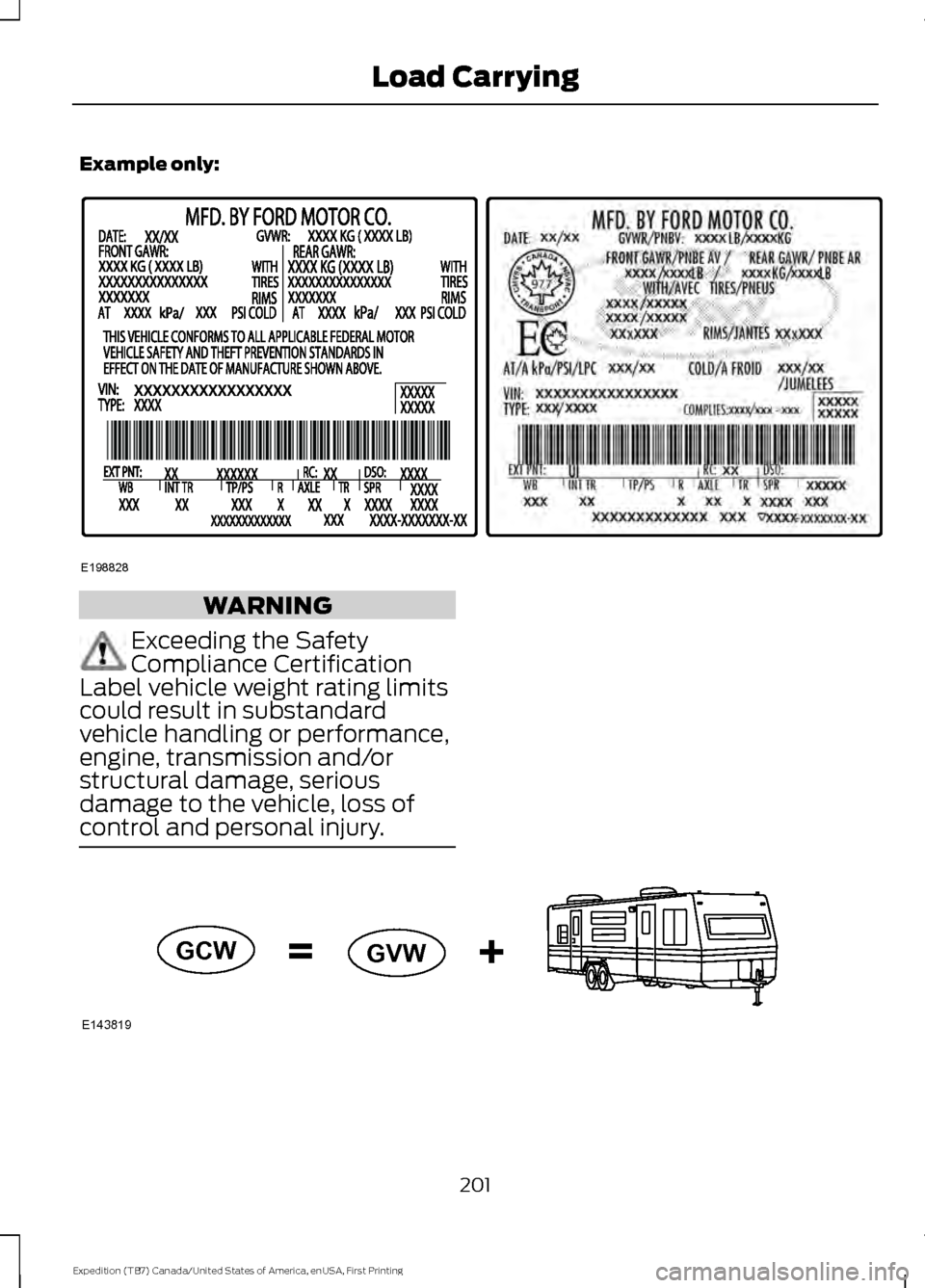 FORD EXPEDITION 2016 3.G Owners Manual Example only:
WARNING
Exceeding the Safety
Compliance Certification
Label vehicle weight rating limits
could result in substandard
vehicle handling or performance,
engine, transmission and/or
structur FORD EXPEDITION 2016 3.G Owners Manual Example only:
WARNING
Exceeding the Safety
Compliance Certification
Label vehicle weight rating limits
could result in substandard
vehicle handling or performance,
engine, transmission and/or
structur