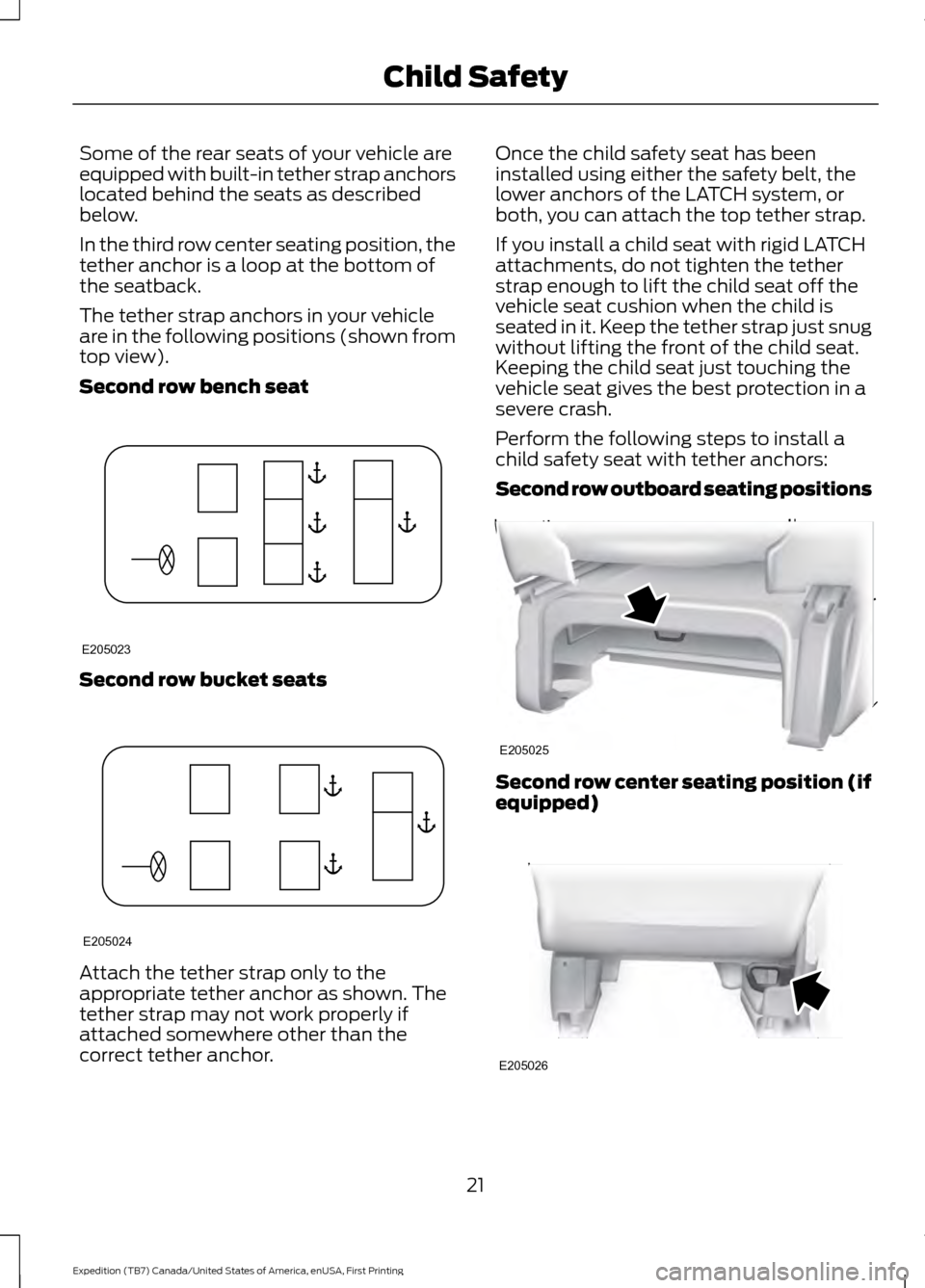 FORD EXPEDITION 2016 3.G Owners Manual Some of the rear seats of your vehicle are
equipped with built-in tether strap anchors
located behind the seats as described
below.
In the third row center seating position, the
tether anchor is a loo