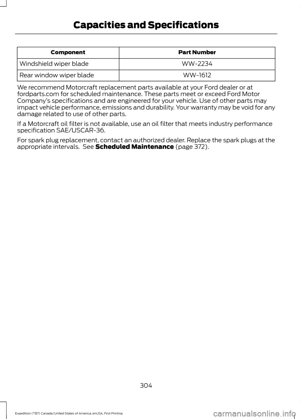 FORD EXPEDITION 2016 3.G Owners Manual Part Number
Component
WW-2234
Windshield wiper blade
WW-1612
Rear window wiper blade
We recommend Motorcraft replacement parts available at your Ford dealer or at
fordparts.com for scheduled maintenan