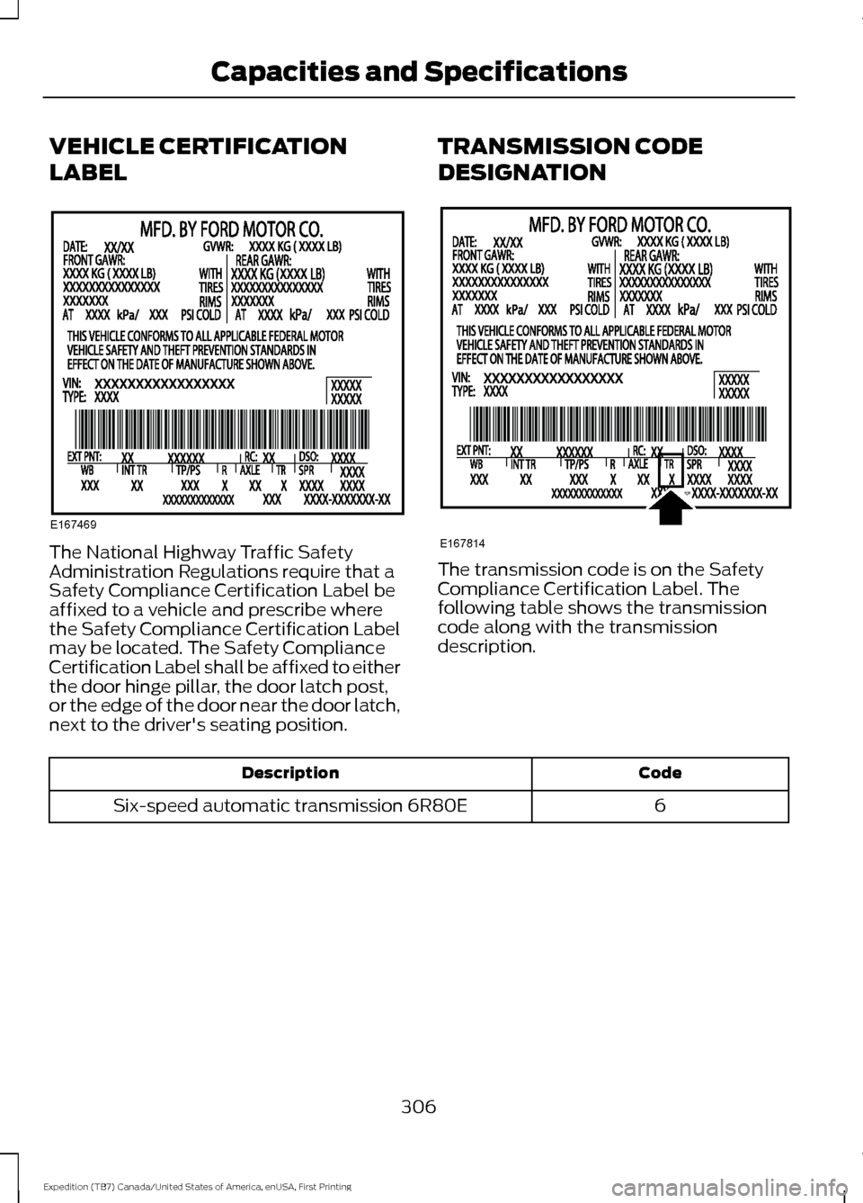 FORD EXPEDITION 2016 3.G Owners Manual VEHICLE CERTIFICATION
LABEL
The National Highway Traffic Safety
Administration Regulations require that a
Safety Compliance Certification Label be
affixed to a vehicle and prescribe where
the Safety C FORD EXPEDITION 2016 3.G Owners Manual VEHICLE CERTIFICATION
LABEL
The National Highway Traffic Safety
Administration Regulations require that a
Safety Compliance Certification Label be
affixed to a vehicle and prescribe where
the Safety C