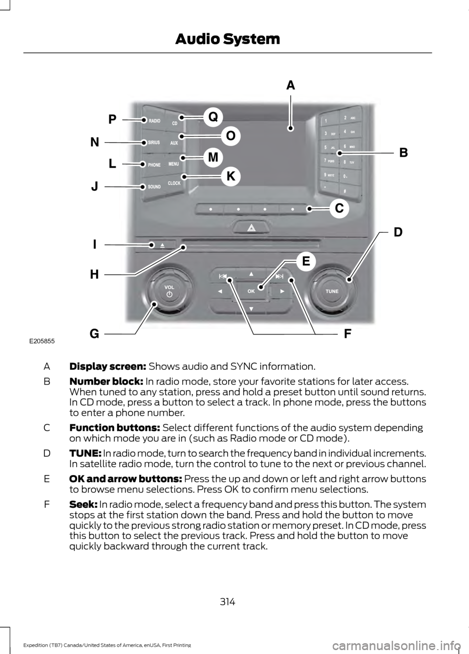 FORD EXPEDITION 2016 3.G Owners Manual Display screen: Shows audio and SYNC information.
A
Number block:
In radio mode, store your favorite stations for later access.
When tuned to any station, press and hold a preset button until sound r FORD EXPEDITION 2016 3.G Owners Manual Display screen: Shows audio and SYNC information.
A
Number block:
In radio mode, store your favorite stations for later access.
When tuned to any station, press and hold a preset button until sound r