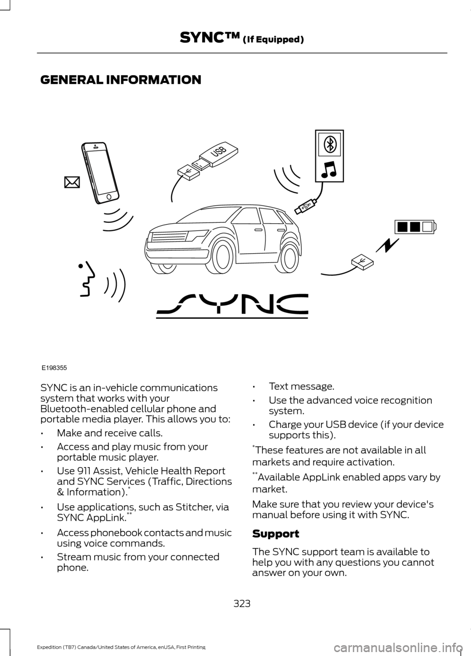 FORD EXPEDITION 2016 3.G Owners Manual GENERAL INFORMATION
SYNC is an in-vehicle communications
system that works with your
Bluetooth-enabled cellular phone and
portable media player. This allows you to:
•
Make and receive calls.
• Acc FORD EXPEDITION 2016 3.G Owners Manual GENERAL INFORMATION
SYNC is an in-vehicle communications
system that works with your
Bluetooth-enabled cellular phone and
portable media player. This allows you to:
•
Make and receive calls.
• Acc