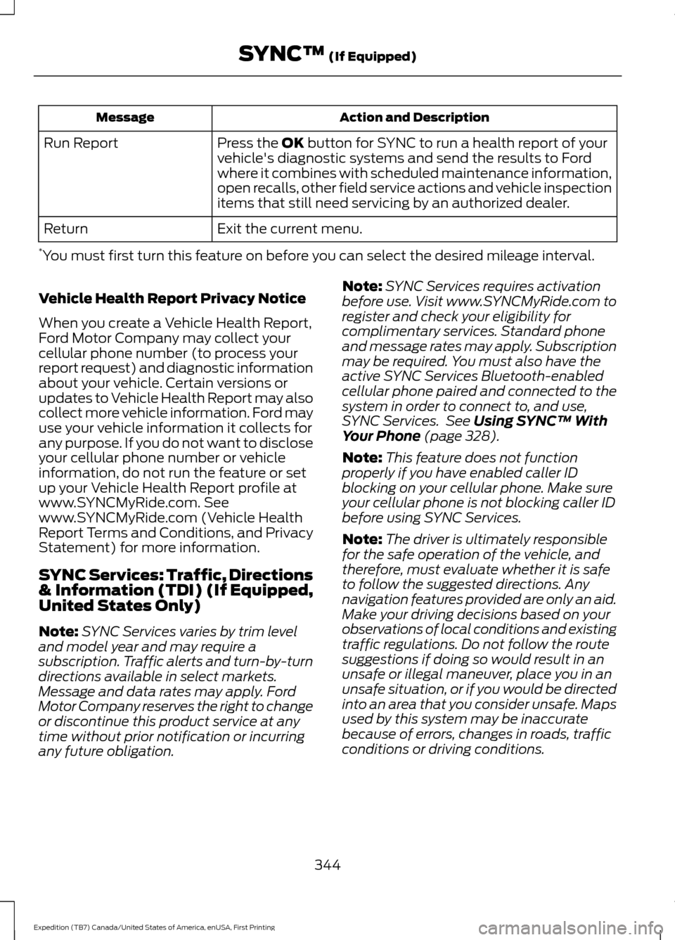 FORD EXPEDITION 2016 3.G Owners Manual Action and Description
Message
Press the OK button for SYNC to run a health report of your
vehicles diagnostic systems and send the results to Ford
where it combines with scheduled maintenance inform FORD EXPEDITION 2016 3.G Owners Manual Action and Description
Message
Press the OK button for SYNC to run a health report of your
vehicles diagnostic systems and send the results to Ford
where it combines with scheduled maintenance inform