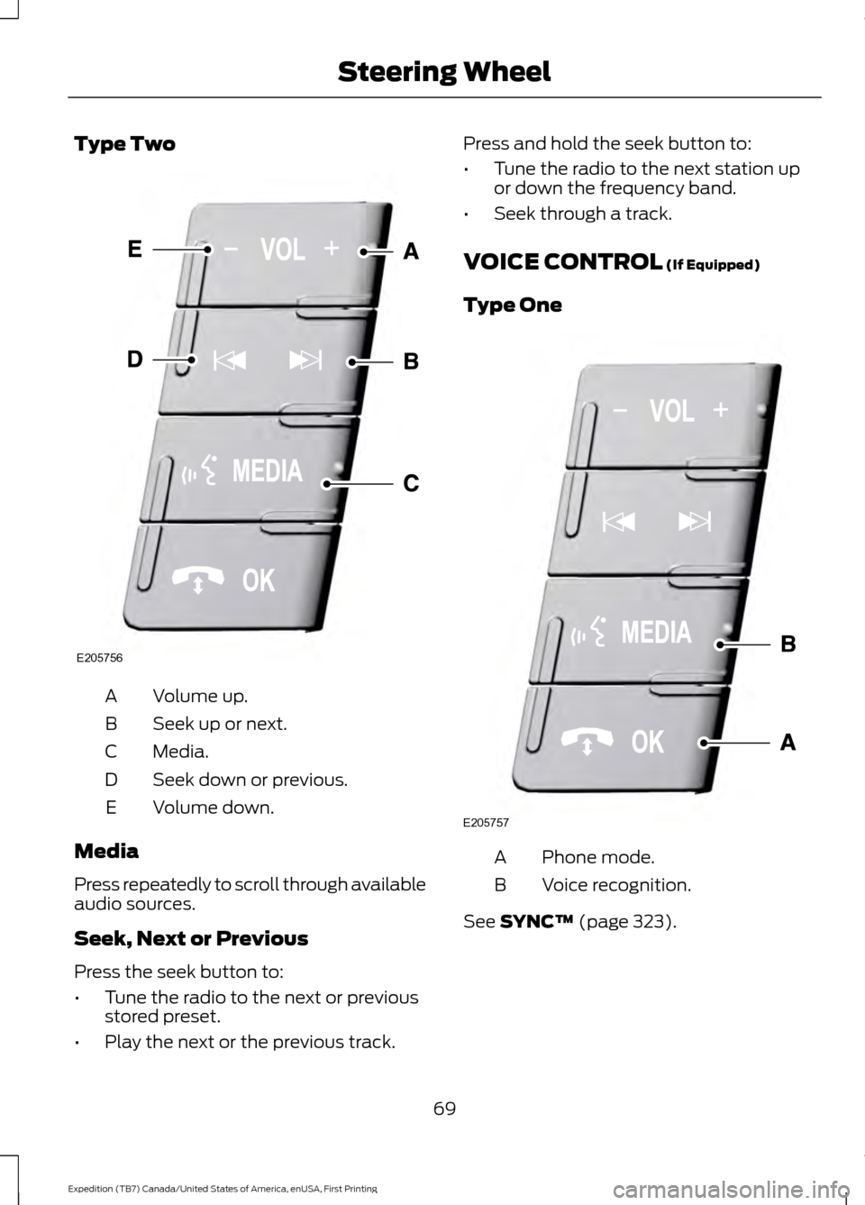 FORD EXPEDITION 2016 3.G Owners Manual Type Two
Volume up.
A
Seek up or next.
B
Media.
C
Seek down or previous.
D
Volume down.
E
Media
Press repeatedly to scroll through available
audio sources.
Seek, Next or Previous
Press the seek button