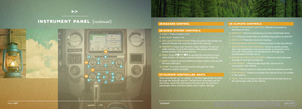 FORD EXPEDITION 2016 3.G Quick Reference Guide 15| HAZARD CONTROL
16| AUDIO SYSTEM CONTROLS
A. EJECT: Press to eject a CD.
B. CD SLOT: Insert a CD.
C. VOL and SYSTEM POWER: Press to switch the system on
and off. Rotate the control to adjust FORD EXPEDITION 2016 3.G Quick Reference Guide 15| HAZARD CONTROL
16| AUDIO SYSTEM CONTROLS
A. EJECT: Press to eject a CD.
B. CD SLOT: Insert a CD.
C. VOL and SYSTEM POWER: Press to switch the system on
and off. Rotate the control to adjust