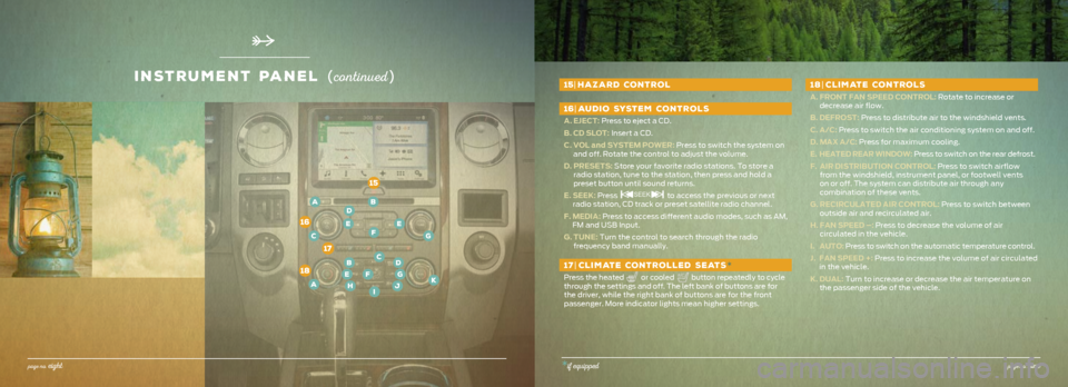 FORD EXPEDITION 2016 3.G Quick Reference Guide 15| HAZARD CONTROL
16|  AUDIO SYSTEM CONTROLS
A. EJECT: Press to eject a CD.
B. CD SLOT: Insert a CD. 
C.   VOL and SYSTEM POWER:  Press to switch the system on 
and off. Rotate the control to adjust 