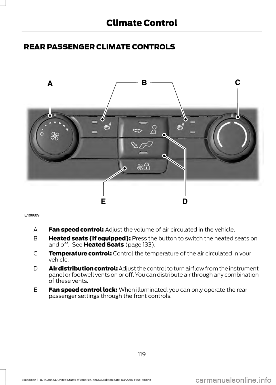 FORD EXPEDITION 2017 3.G Owners Manual REAR PASSENGER CLIMATE CONTROLS
Fan speed control: Adjust the volume of air circulated in the vehicle.
A
Heated seats (if equipped):
 Press the button to switch the heated seats on
and off.  See Heate