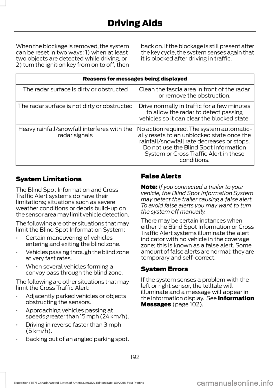 FORD EXPEDITION 2017 3.G Owners Manual When the blockage is removed, the system
can be reset in two ways: 1) when at least
two objects are detected while driving, or
2) turn the ignition key from on to off, then
back on. If the blockage is FORD EXPEDITION 2017 3.G Owners Manual When the blockage is removed, the system
can be reset in two ways: 1) when at least
two objects are detected while driving, or
2) turn the ignition key from on to off, then
back on. If the blockage is