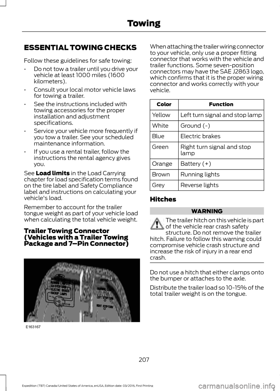 FORD EXPEDITION 2017 3.G Owners Manual ESSENTIAL TOWING CHECKS
Follow these guidelines for safe towing:
•
Do not tow a trailer until you drive your
vehicle at least 1000 miles (1600
kilometers).
• Consult your local motor vehicle laws
