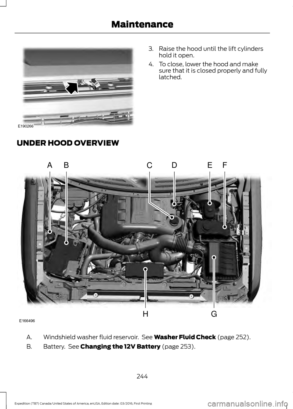 FORD EXPEDITION 2017 3.G Owners Manual 3. Raise the hood until the lift cylinders
hold it open.
4. To close, lower the hood and make sure that it is closed properly and fully
latched.
UNDER HOOD OVERVIEW Windshield washer fluid reservoir. 