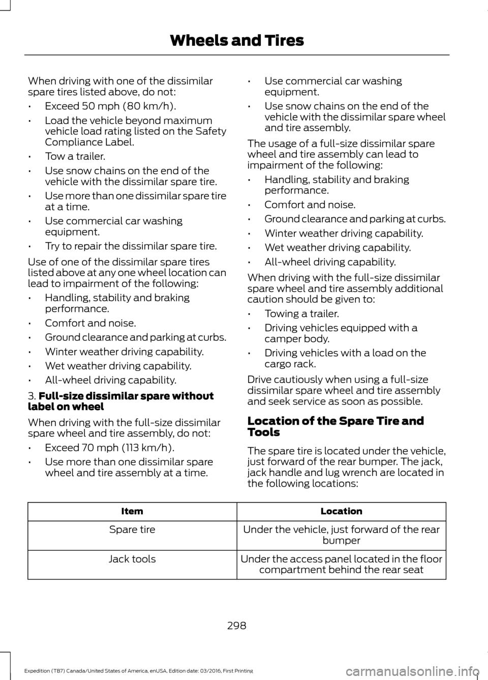 FORD EXPEDITION 2017 3.G Owners Manual When driving with one of the dissimilar
spare tires listed above, do not:
•
Exceed 50 mph (80 km/h).
• Load the vehicle beyond maximum
vehicle load rating listed on the Safety
Compliance Label.
†FORD EXPEDITION 2017 3.G Owners Manual When driving with one of the dissimilar
spare tires listed above, do not:
•
Exceed 50 mph (80 km/h).
• Load the vehicle beyond maximum
vehicle load rating listed on the Safety
Compliance Label.
â€
