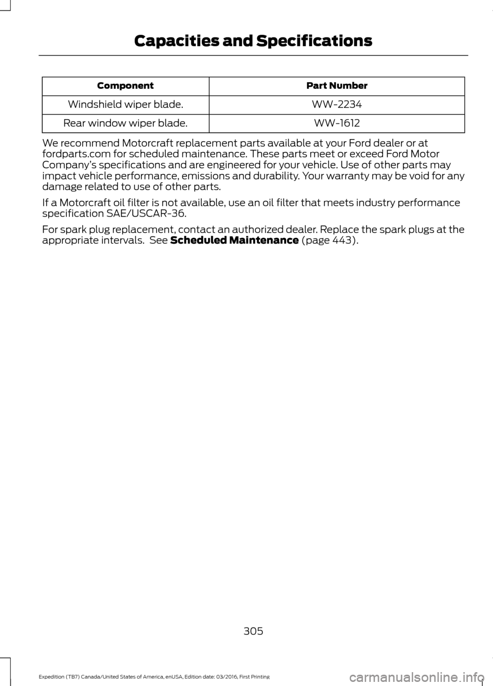 FORD EXPEDITION 2017 3.G Owners Manual Part Number
Component
WW-2234
Windshield wiper blade.
WW-1612
Rear window wiper blade.
We recommend Motorcraft replacement parts available at your Ford dealer or at
fordparts.com for scheduled mainten