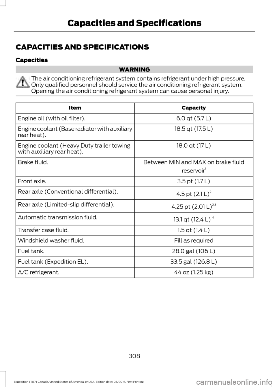 FORD EXPEDITION 2017 3.G Owners Manual CAPACITIES AND SPECIFICATIONS
Capacities
WARNING
The air conditioning refrigerant system contains refrigerant under high pressure.
Only qualified personnel should service the air conditioning refriger