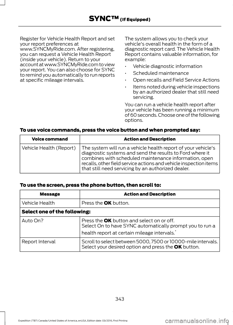 FORD EXPEDITION 2017 3.G Owners Manual Register for Vehicle Health Report and set
your report preferences at
www.SYNCMyRide.com. After registering,
you can request a Vehicle Health Report
(inside your vehicle). Return to your
account at ww FORD EXPEDITION 2017 3.G Owners Manual Register for Vehicle Health Report and set
your report preferences at
www.SYNCMyRide.com. After registering,
you can request a Vehicle Health Report
(inside your vehicle). Return to your
account at ww