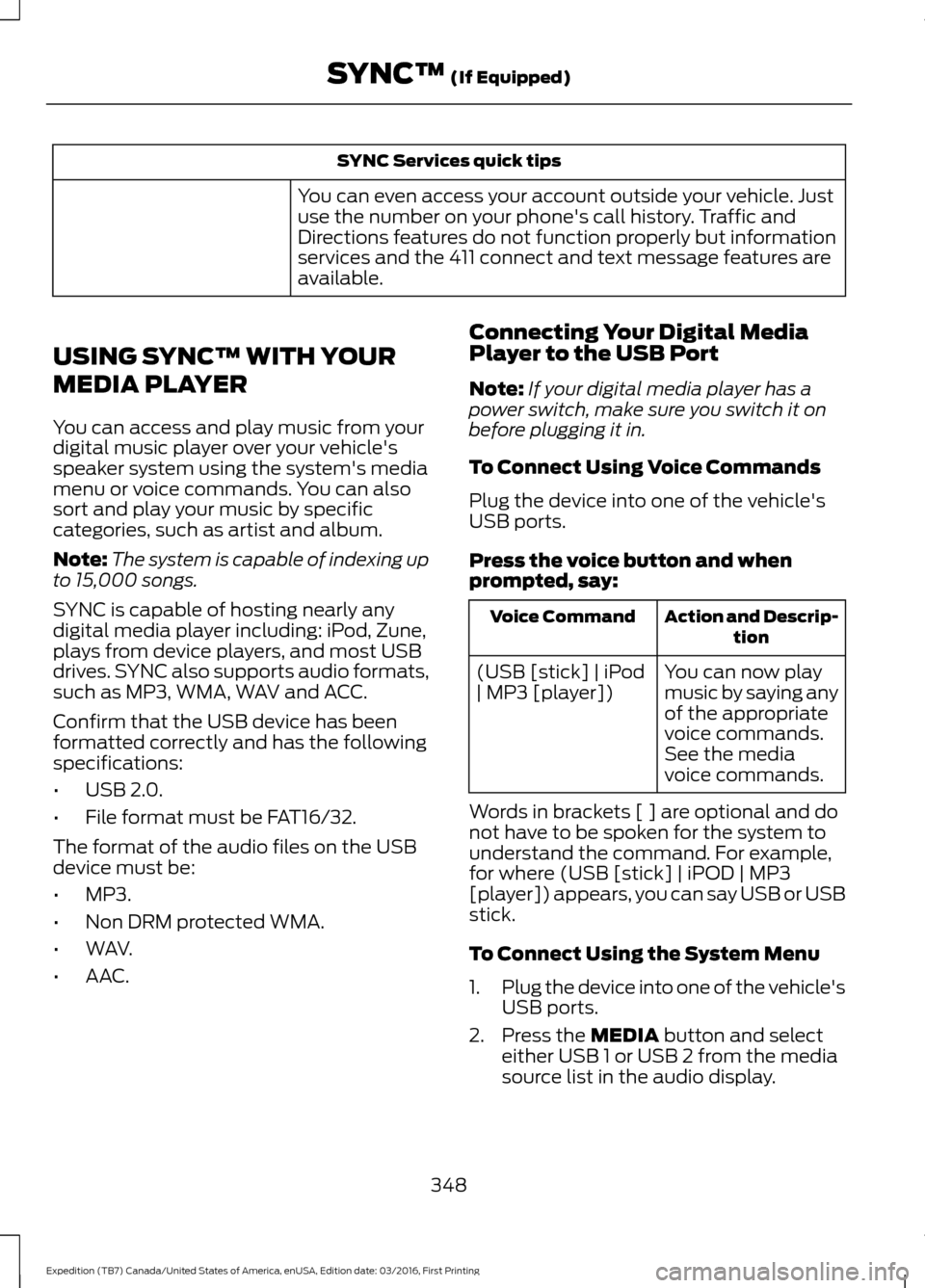 FORD EXPEDITION 2017 3.G Owners Manual SYNC Services quick tips
You can even access your account outside your vehicle. Just
use the number on your phones call history. Traffic and
Directions features do not function properly but informati