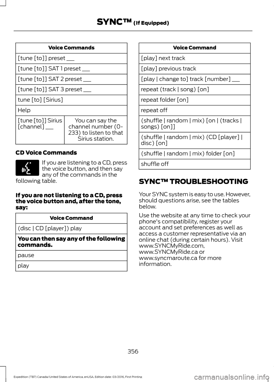 FORD EXPEDITION 2017 3.G Owners Manual Voice Commands
[tune [to]] preset ___
[tune [to]] SAT 1 preset ___
[tune [to]] SAT 2 preset ___
[tune [to]] SAT 3 preset ___
tune [to] [Sirius]
Help You can say the
channel number (0-
233) to listen t