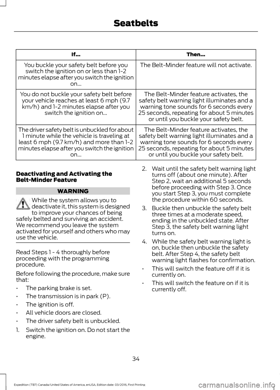 FORD EXPEDITION 2017 3.G Owners Manual Then...
If...
The Belt-Minder feature will not activate.
You buckle your safety belt before you
switch the ignition on or less than 1-2
minutes elapse after you switch the ignition on...
The Belt-Mind