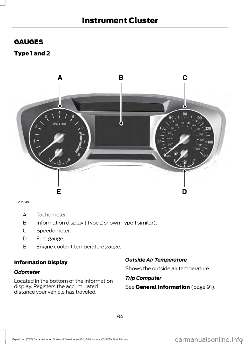 FORD EXPEDITION 2017 3.G Manual Online GAUGES
Type 1 and 2
Tachometer.
A
Information display (Type 2 shown Type 1 similar).
B
Speedometer.
C
Fuel gauge.
D
Engine coolant temperature gauge.
E
Information Display
Odometer
Located in the bott FORD EXPEDITION 2017 3.G Manual Online GAUGES
Type 1 and 2
Tachometer.
A
Information display (Type 2 shown Type 1 similar).
B
Speedometer.
C
Fuel gauge.
D
Engine coolant temperature gauge.
E
Information Display
Odometer
Located in the bott