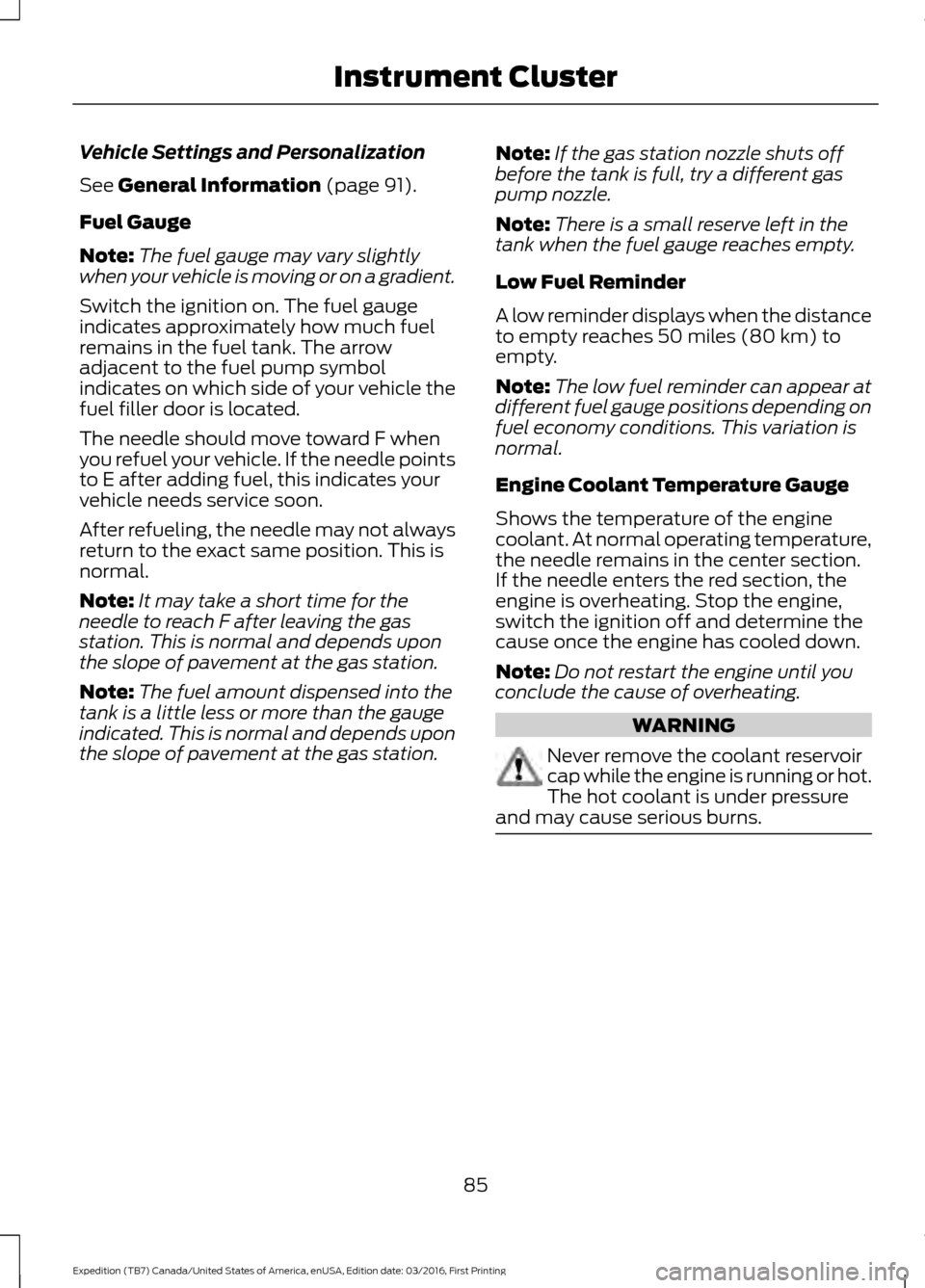 FORD EXPEDITION 2017 3.G Owners Manual Vehicle Settings and Personalization
See General Information (page 91).
Fuel Gauge
Note: The fuel gauge may vary slightly
when your vehicle is moving or on a gradient.
Switch the ignition on. The fuel