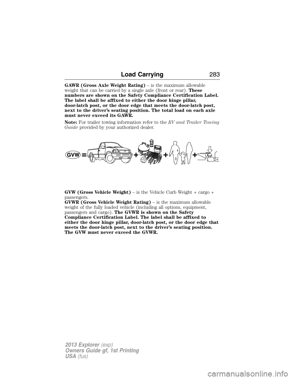FORD EXPLORER 2013 5.G Owners Manual GAWR (Gross Axle Weight Rating)– is the maximum allowable
weight that can be carried by a single axle (front or rear).These
numbers are shown on the Safety Compliance Certification Label.
The label FORD EXPLORER 2013 5.G Owners Manual GAWR (Gross Axle Weight Rating)– is the maximum allowable
weight that can be carried by a single axle (front or rear).These
numbers are shown on the Safety Compliance Certification Label.
The label