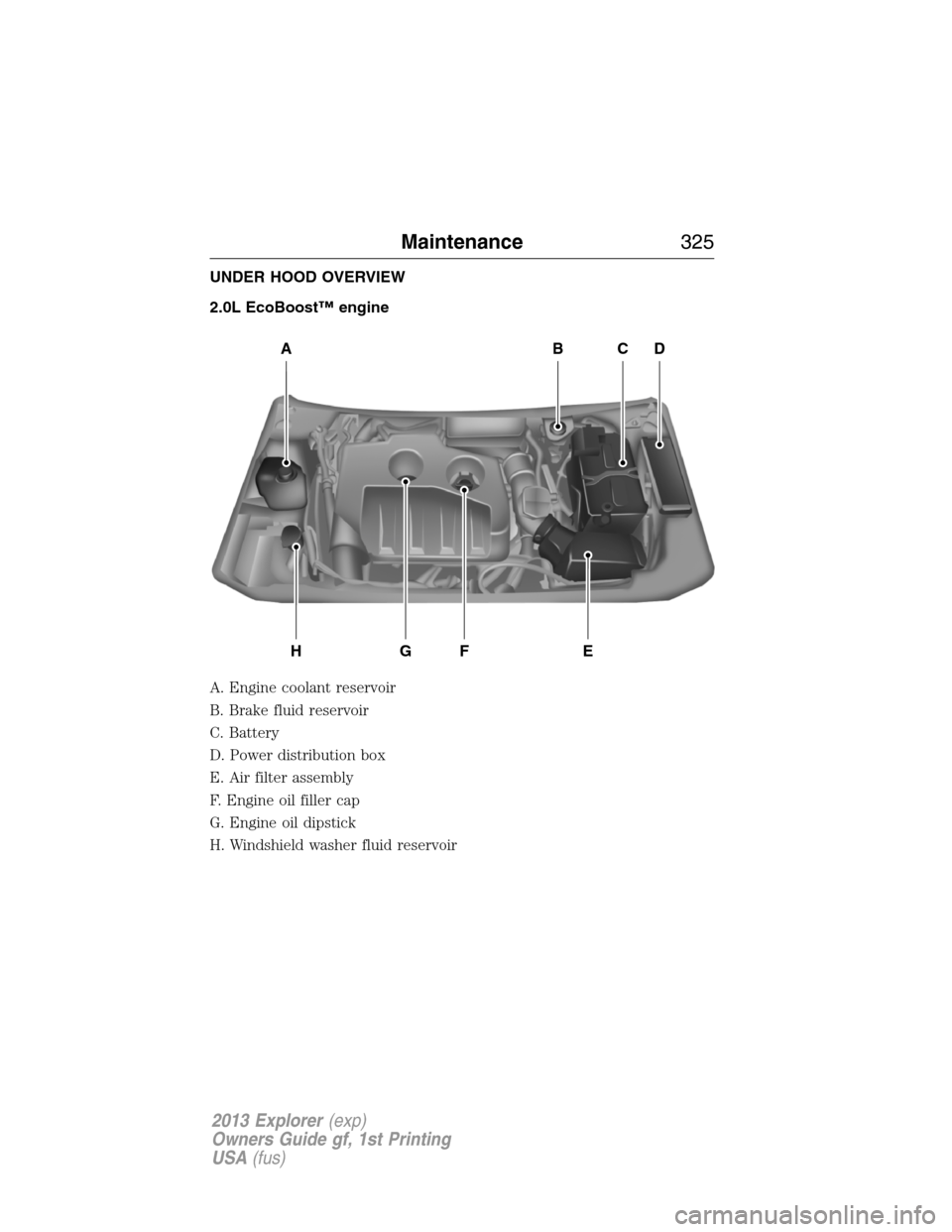 FORD EXPLORER 2013 5.G Owners Manual UNDER HOOD OVERVIEW
2.0L EcoBoost™ engine
A. Engine coolant reservoir
B. Brake fluid reservoir
C. Battery
D. Power distribution box
E. Air filter assembly
F. Engine oil filler cap
G. Engine oil dips FORD EXPLORER 2013 5.G Owners Manual UNDER HOOD OVERVIEW
2.0L EcoBoost™ engine
A. Engine coolant reservoir
B. Brake fluid reservoir
C. Battery
D. Power distribution box
E. Air filter assembly
F. Engine oil filler cap
G. Engine oil dips