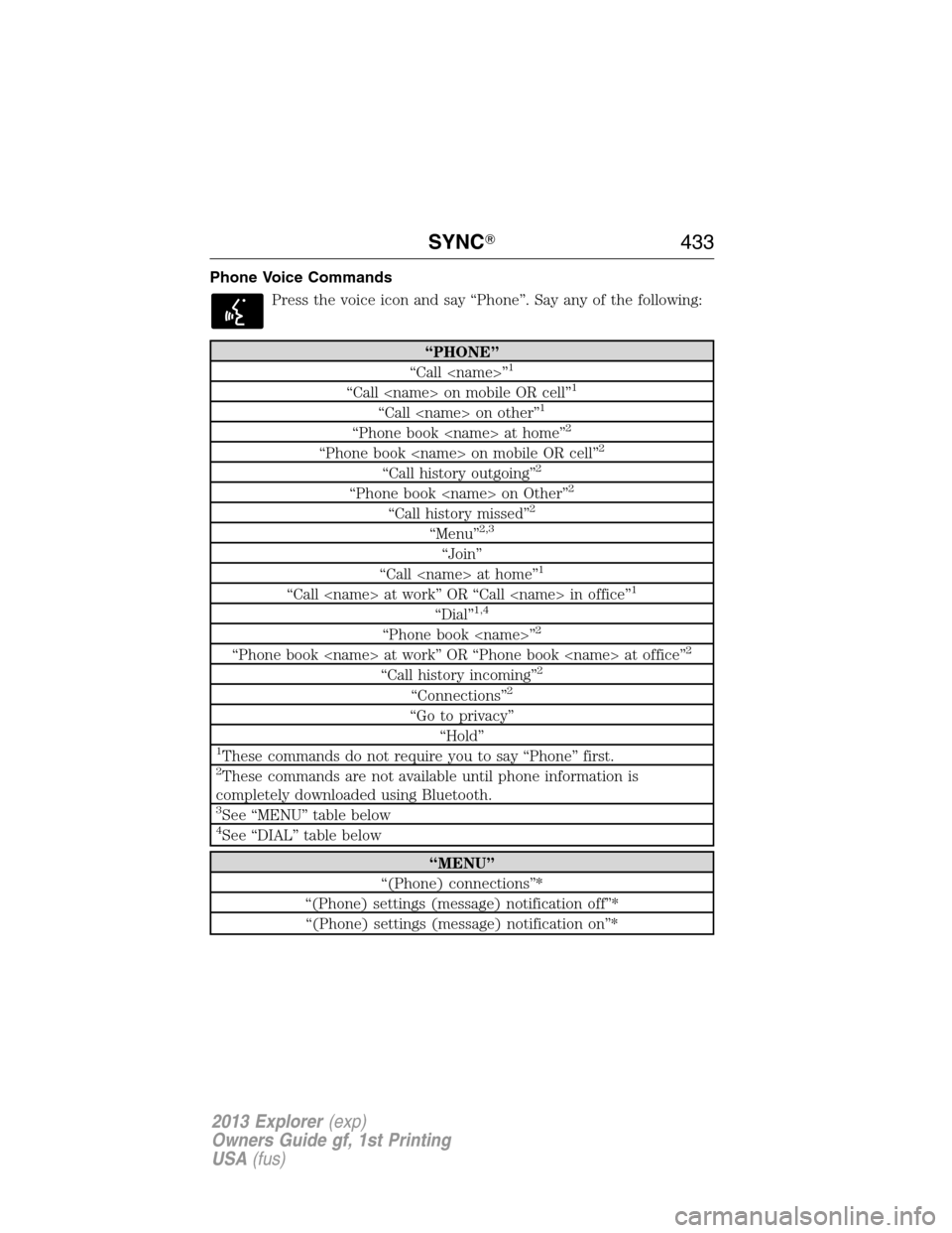 FORD EXPLORER 2013 5.G Owners Manual Phone Voice Commands
Press the voice icon and say “Phone”. Say any of the following:
“PHONE”
“Call <name>”1
“Call <name> on mobile OR cell”1
“Call <name> on other”1
“Phone book <