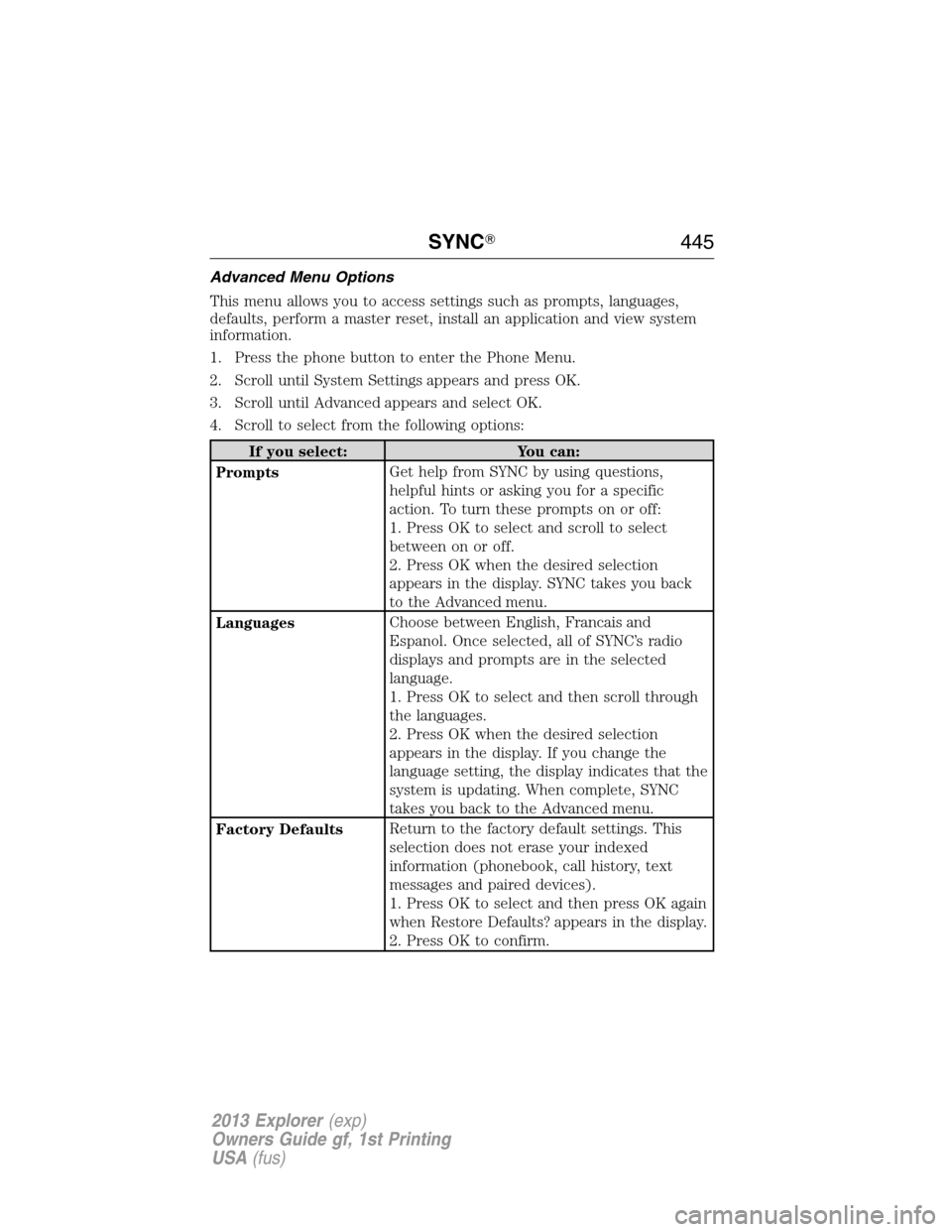 FORD EXPLORER 2013 5.G Owners Manual Advanced Menu Options
This menu allows you to access settings such as prompts, languages,
defaults, perform a master reset, install an application and view system
information.
1. Press the phone butto