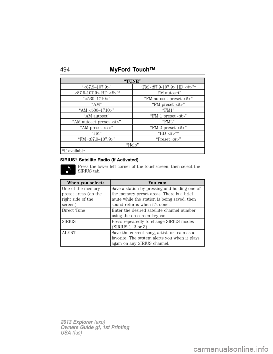 FORD EXPLORER 2013 5.G Owners Manual “TUNE”
“<87.9–107.9>” “FM <87.9-107.9> HD <#>”*
“<87.9-107.9> HD <#>”* “FM autoset”
“<530–1710>” “FM autoset preset <#>”
“AM” “FM preset <#>”
“AM <530–1710> FORD EXPLORER 2013 5.G Owners Manual “TUNE”
“<87.9–107.9>” “FM <87.9-107.9> HD <#>”*
“<87.9-107.9> HD <#>”* “FM autoset”
“<530–1710>” “FM autoset preset <#>”
“AM” “FM preset <#>”
“AM <530–1710>