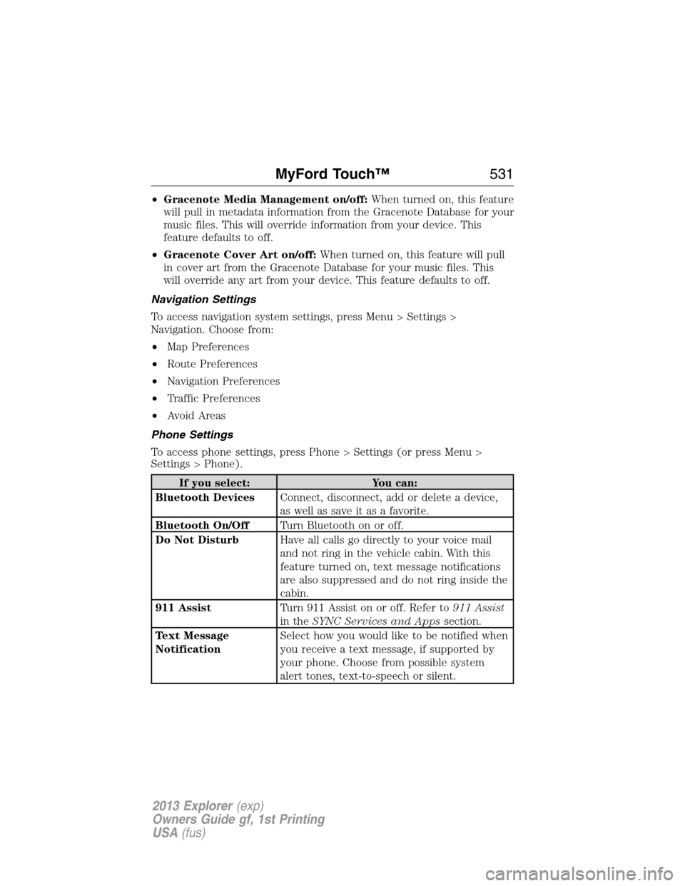 FORD EXPLORER 2013 5.G Owners Manual •Gracenote Media Management on/off:When turned on, this feature
will pull in metadata information from the Gracenote Database for your
music files. This will override information from your device. T